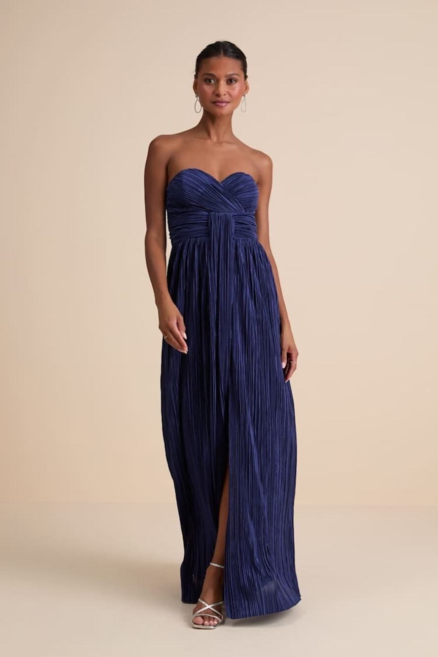 NWT Lulus Oswin Navy Satin Plisse Strapless Maxi Dress Size XS